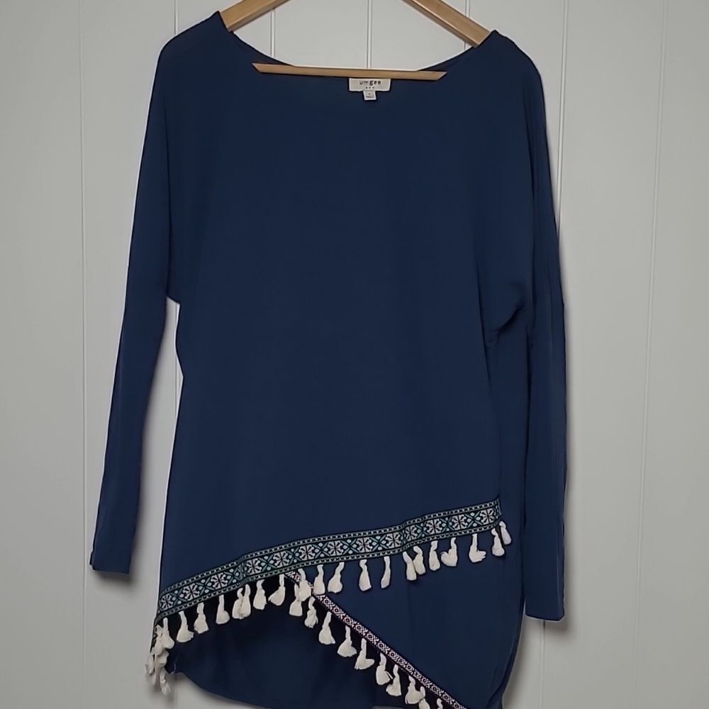 Umgee Lagenlook Oversized Navy Blue Boho Top Tassels Size Small Hippie